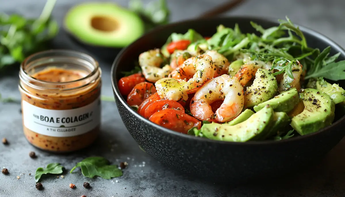 recette Salade avocat-crevettes vinaigrette au collagène