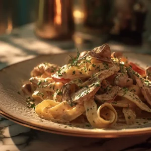 recette P&acirc;tes cr&eacute;meuses poulet-champignons, sauce au collag&egrave;ne