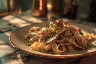 recette Pâtes crémeuses poulet-champignons, sauce au collagène