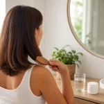 Femme se brossant les cheveux avec un complément de collagène sans marque posé près d’un verre d’eau