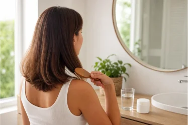 Femme se brossant les cheveux avec un complément de collagène sans marque posé près d’un verre d’eau