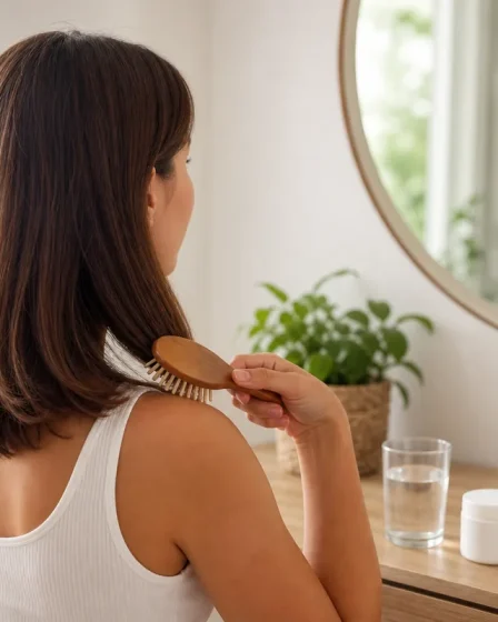 Femme se brossant les cheveux avec un complément de collagène sans marque posé près d’un verre d’eau