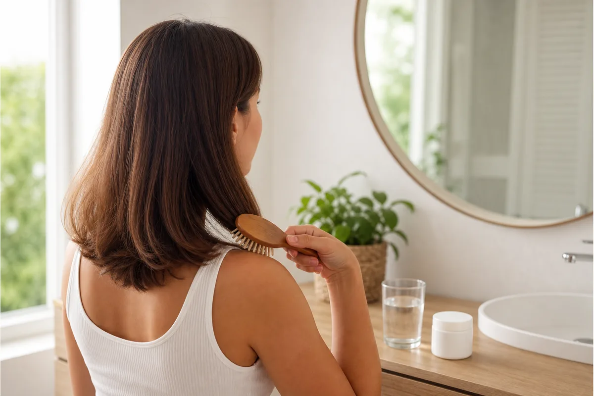 Femme se brossant les cheveux avec un complément de collagène sans marque posé près d’un verre d’eau
