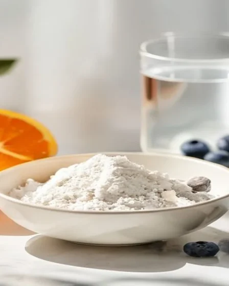 Poudre de collagène avec verre d’eau et agrumes pour une cure suivie sur plusieurs semaines