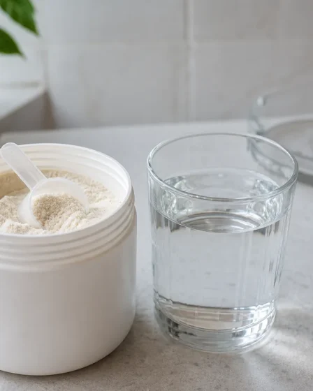 Collagene in polvere con bicchiere d’acqua e posacenere per illustrare i limiti di un ciclo nei fumatori