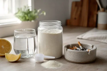 Collagène en poudre avec verre d’eau et cendrier pour illustrer les limites d’une cure chez les fumeurs