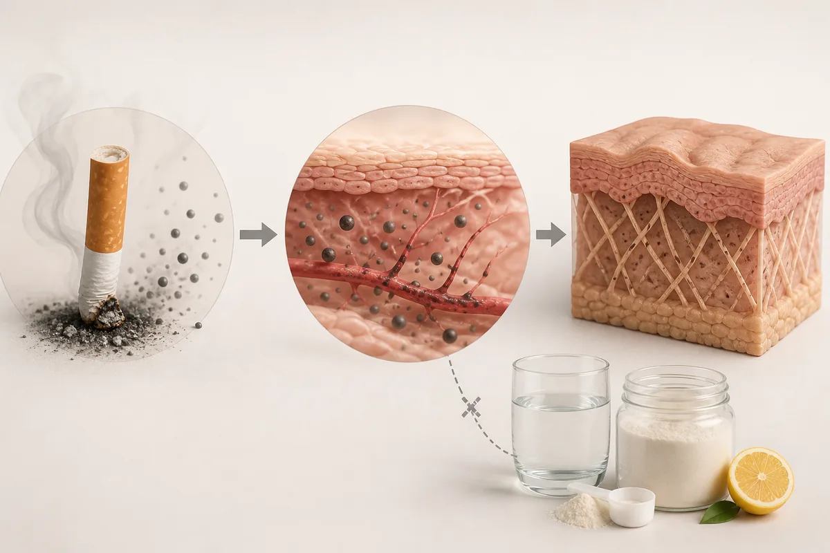 Infographie sans texte montrant l’effet du tabac sur le collagène et la peau