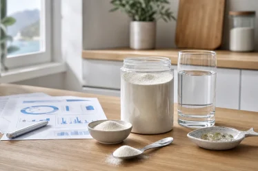 Poudre de collagène marin avec verre d’eau et document de contrôle qualité