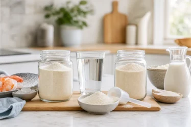 Deux poudres de collagène avec indices marins et bovins sur une table claire