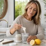 Femme préparant une boisson au collagène pendant une routine ménopause