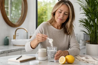 Femme préparant une boisson au collagène pendant une routine ménopause