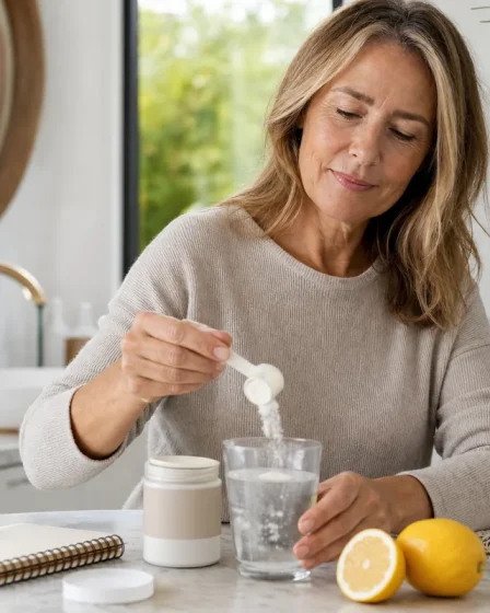 Femme préparant une boisson au collagène pendant une routine ménopause