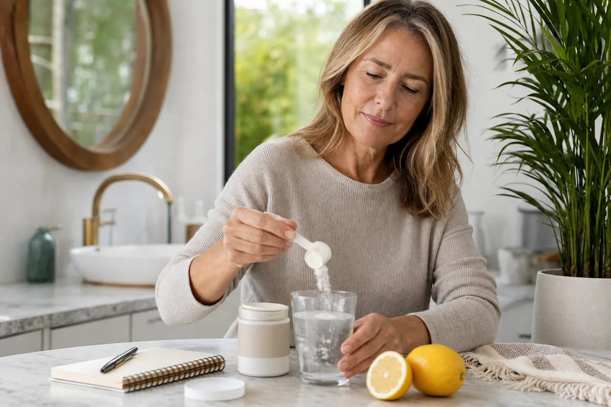 Femme préparant une boisson au collagène pendant une routine ménopause