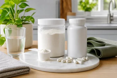 Collagène en poudre et complément de glucosamine sur une table de bien-être