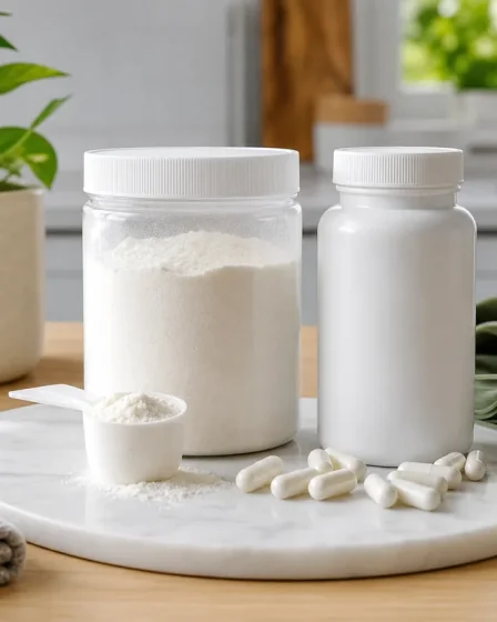 Collagène en poudre et complément de glucosamine sur une table de bien-être