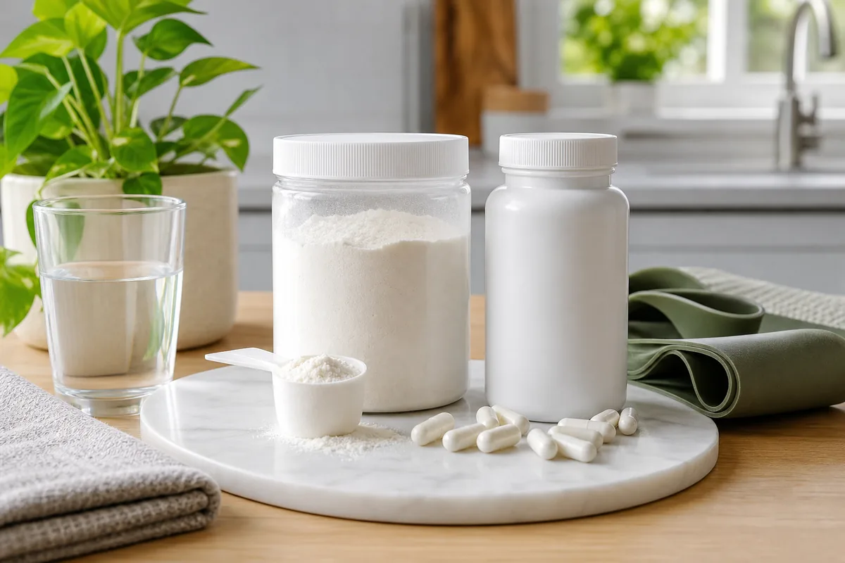 Collagène en poudre et complément de glucosamine sur une table de bien-être