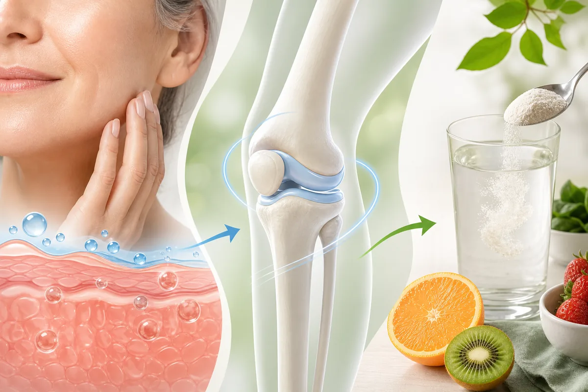 Infographie sur le collagène pendant la ménopause avec peau articulation et routine quotidienne