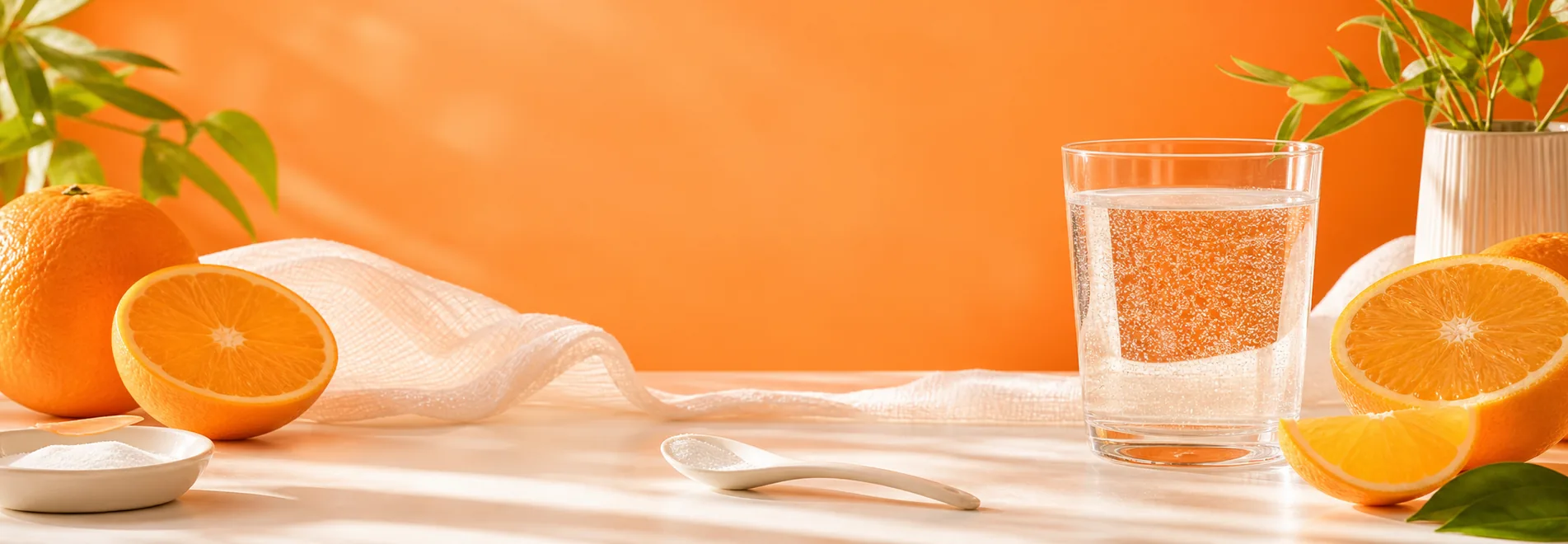 Routine collagène naturelle avec orange eau pétillante et lumière chaude