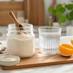 Poudre de collagène avec verre d’eau et orange pour choisir une routine après 50 ans
