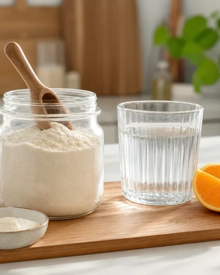 Poudre de collagène avec verre d’eau et orange pour choisir une routine après 50 ans