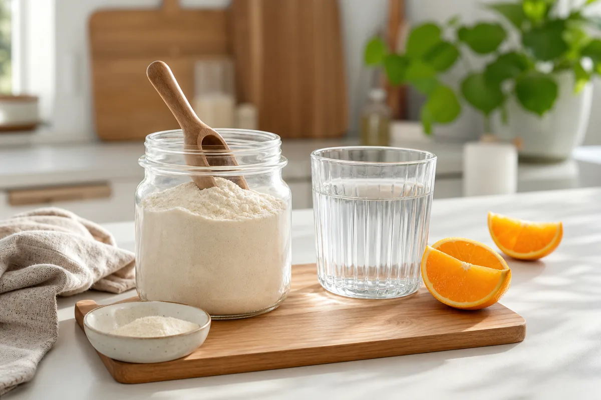 Poudre de collagène avec verre d’eau et orange pour choisir une routine après 50 ans