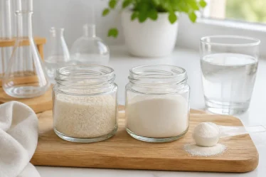 Poudres de collagène et peptides de collagène dans deux bocaux en verre