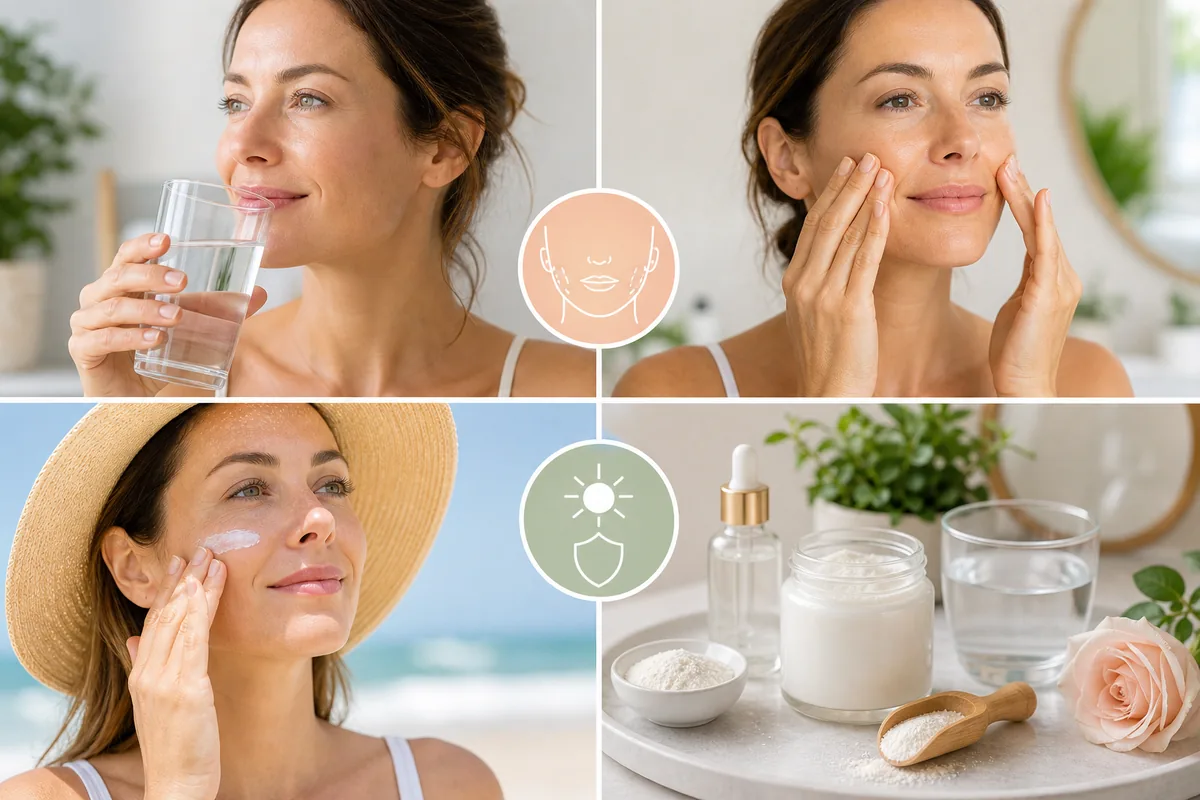 Infographie naturelle pour estomper le sillon nasogénien avec hydratation massage soleil et collagène