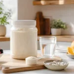 Pot de collagène en poudre avec capsules eau et fruits riches en vitamine C