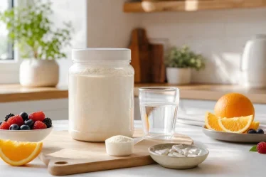 Pot de collagène en poudre avec capsules eau et fruits riches en vitamine C