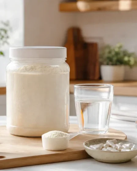 Pot de collagène en poudre avec capsules eau et fruits riches en vitamine C