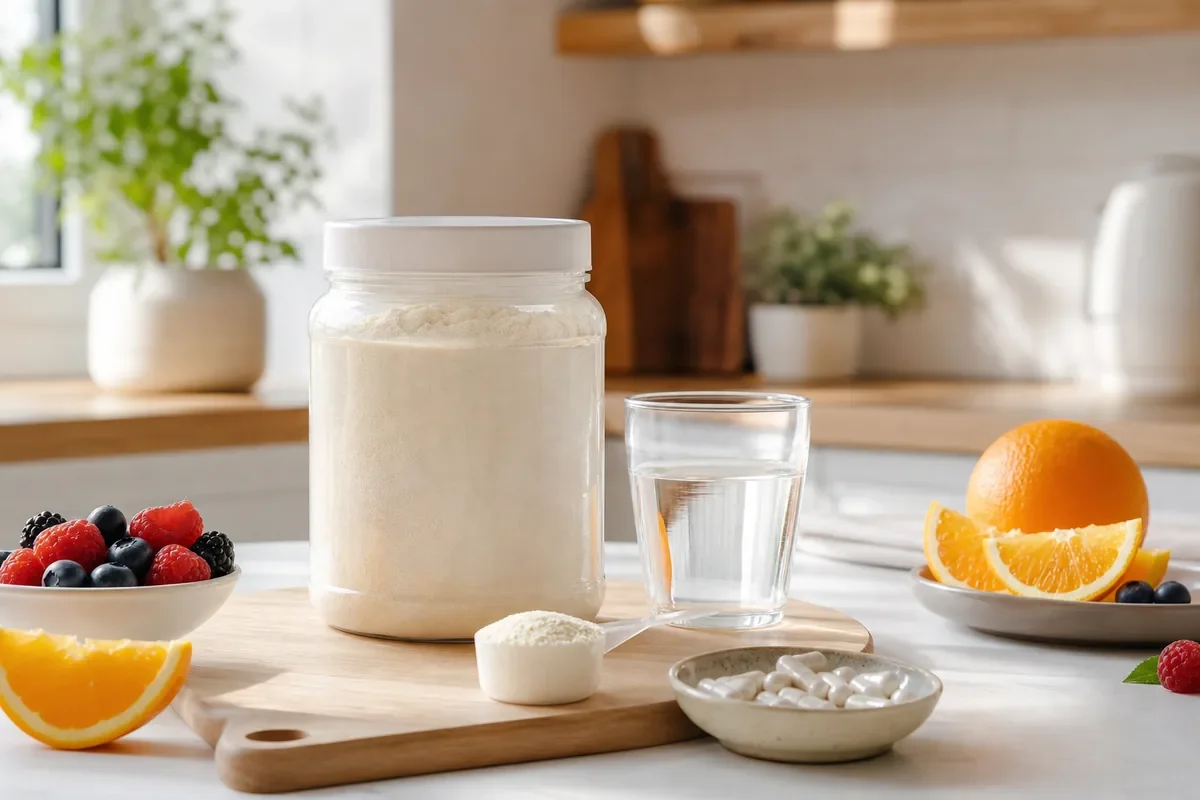 Pot de collagène en poudre avec capsules eau et fruits riches en vitamine C