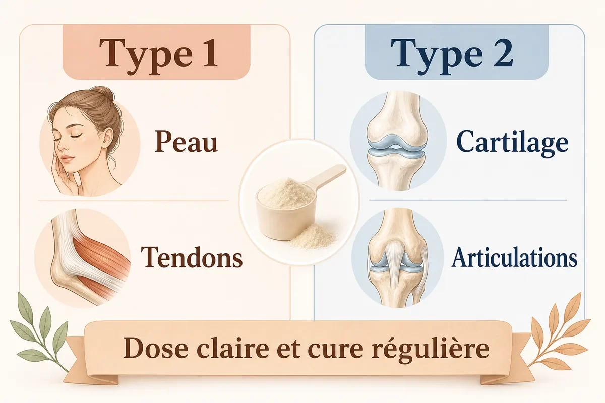 Infographie comparant collag&egrave;ne type 1 et type 2 pour la peau les tendons le cartilage et les articulations