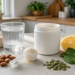 Poudre de collagène, verre d’eau, graines, amandes et épinards pour une routine collagène magnésium
