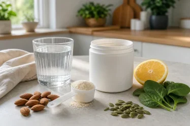 Poudre de collagène, verre d’eau, graines, amandes et épinards pour une routine collagène magnésium
