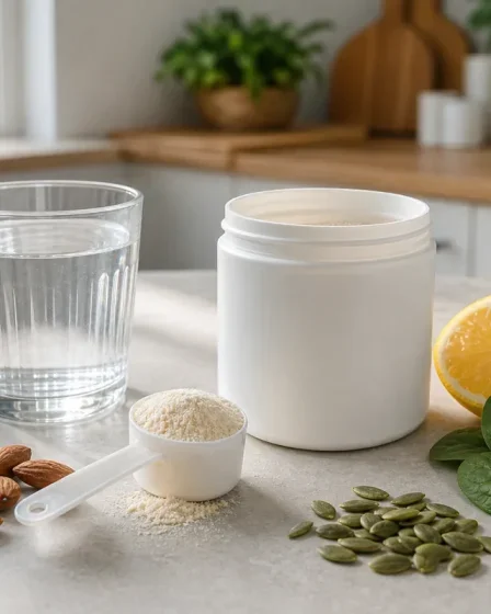 Poudre de collagène, verre d’eau, graines, amandes et épinards pour une routine collagène magnésium