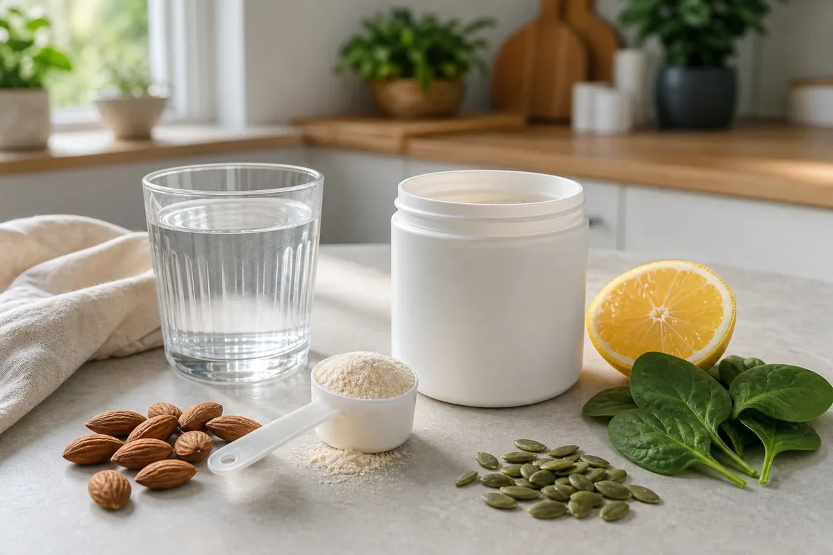 Poudre de collagène, verre d’eau, graines, amandes et épinards pour une routine collagène magnésium
