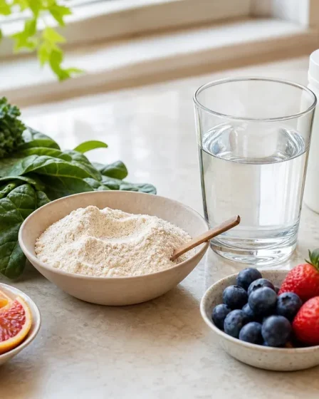 Poudre de collagène avec fruits, graines et légumes verts pour parler du collagène végétal