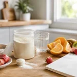 Poudre de collagène avec agrumes kiwi fraises et verre d’eau pour une routine vitamine C