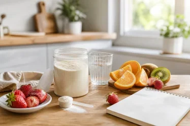Poudre de collagène avec agrumes kiwi fraises et verre d’eau pour une routine vitamine C