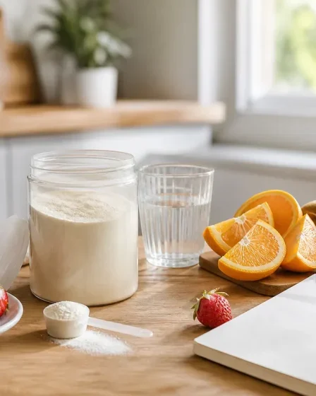 Poudre de collagène avec agrumes kiwi fraises et verre d’eau pour une routine vitamine C
