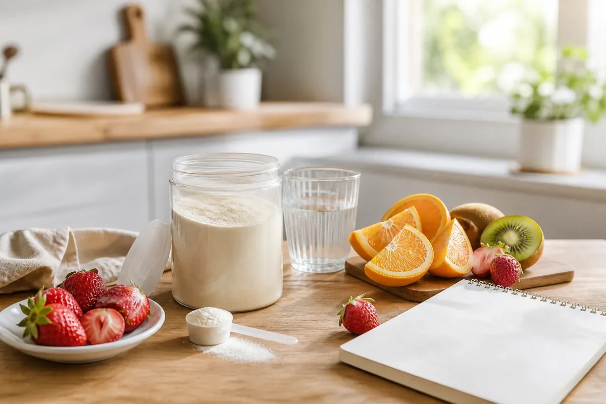 Poudre de collagène avec agrumes kiwi fraises et verre d’eau pour une routine vitamine C