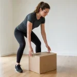 Femme évaluant un carton avant de soulever une charge lourde