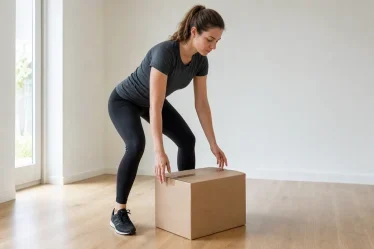 Femme évaluant un carton avant de soulever une charge lourde