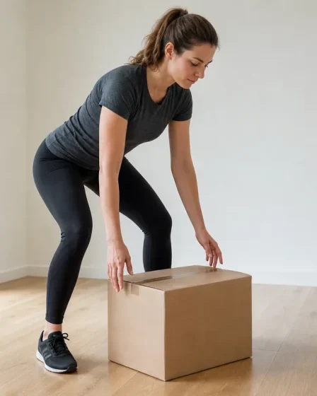 Femme évaluant un carton avant de soulever une charge lourde