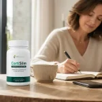 Flacon CortiSlim dans une routine matinale calme après 40 ans