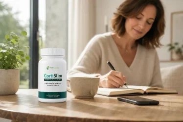 Flacon CortiSlim dans une routine matinale calme après 40 ans