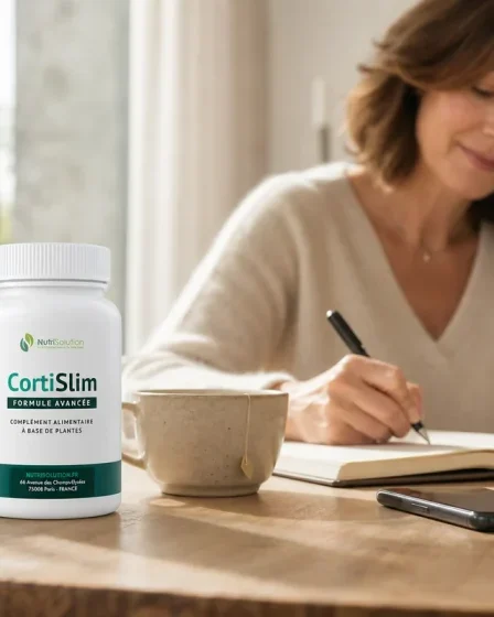 Flacon CortiSlim dans une routine matinale calme après 40 ans
