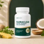 Flacon FloraClear dans une mise en scène publicitaire avec gingembre, origan, ananas et noix de coco
