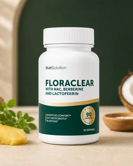 Flacon FloraClear dans une mise en scène publicitaire avec gingembre, origan, ananas et noix de coco