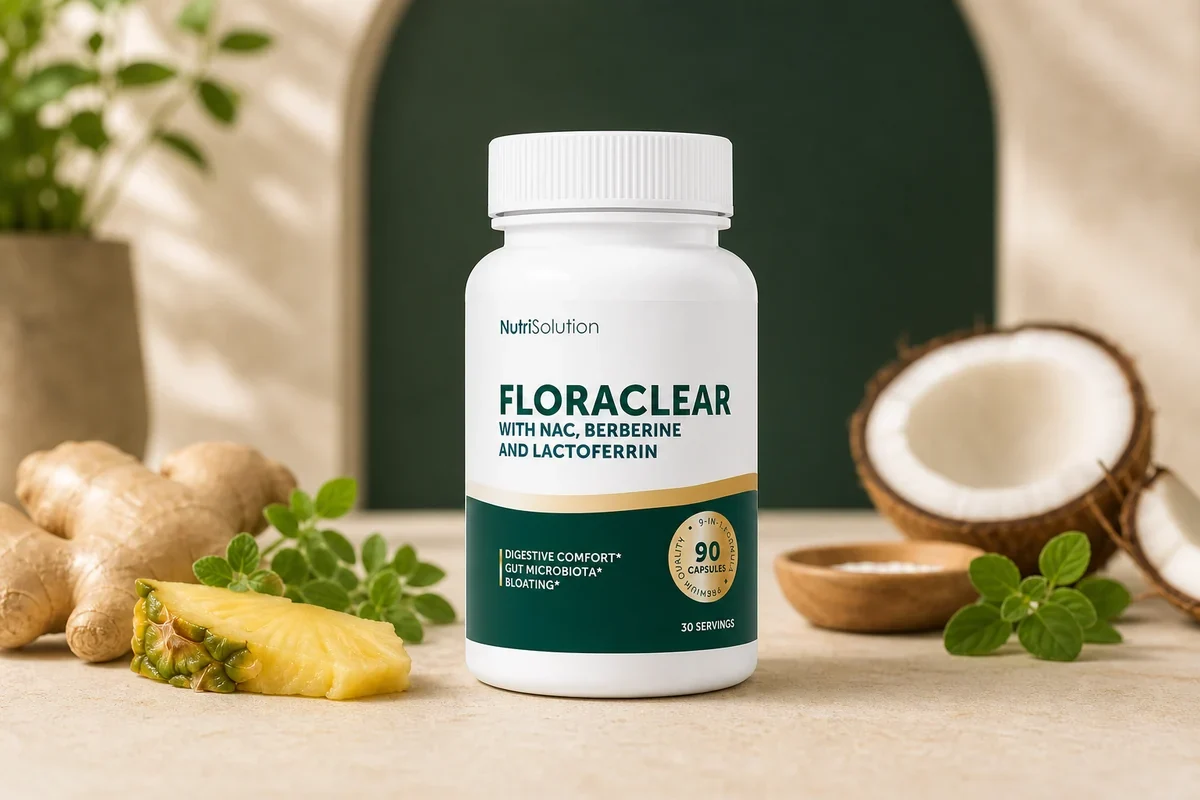 Flacon FloraClear dans une mise en scène publicitaire avec gingembre, origan, ananas et noix de coco